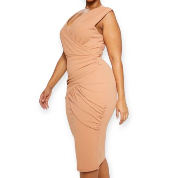 PRETTY LITTLE THING NUDE PLUNGE WEAP DETAIL MIDI DRESS SZ.16 NWOT. - Picture 4 of 13